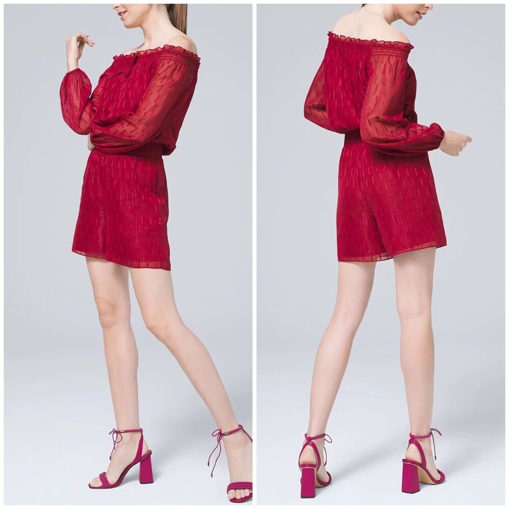 NWT $160 White House Black Market Sz L Off-The-Shoulder Clip Dot Romper Burgundy